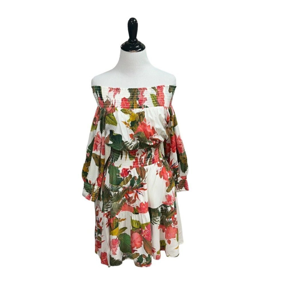 Gianni Bini Women's S Small Off-The-Shoulder Blouson Dress Smocked Tropical